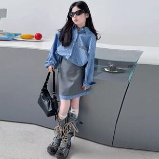 女童套装裙子春款2026小女孩辣妹甜酷穿搭格子衬衫西装短裙两件套