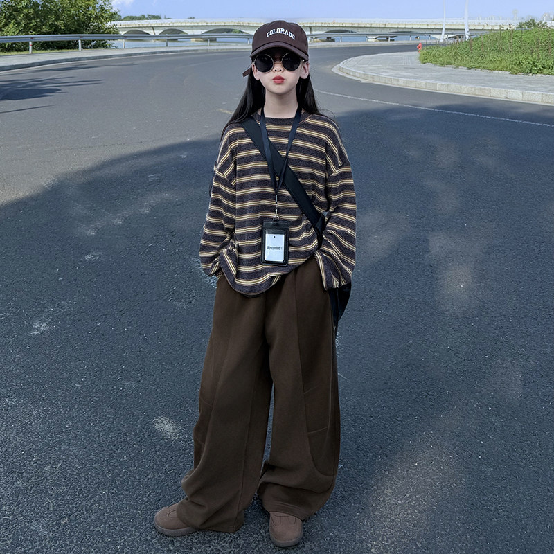 女童春秋2025韩系慵懒风宽松撞色条纹长袖上衣休闲弯刀裤洋气套装,童装/婴儿装/亲子装,套装,淘宝优惠券,粉丝福利购,淘宝优惠卷