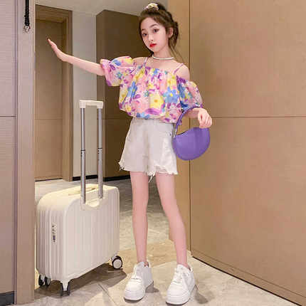 女童套装夏装2025新款洋气女大童时髦吊带碎花儿童短裤时尚两件套