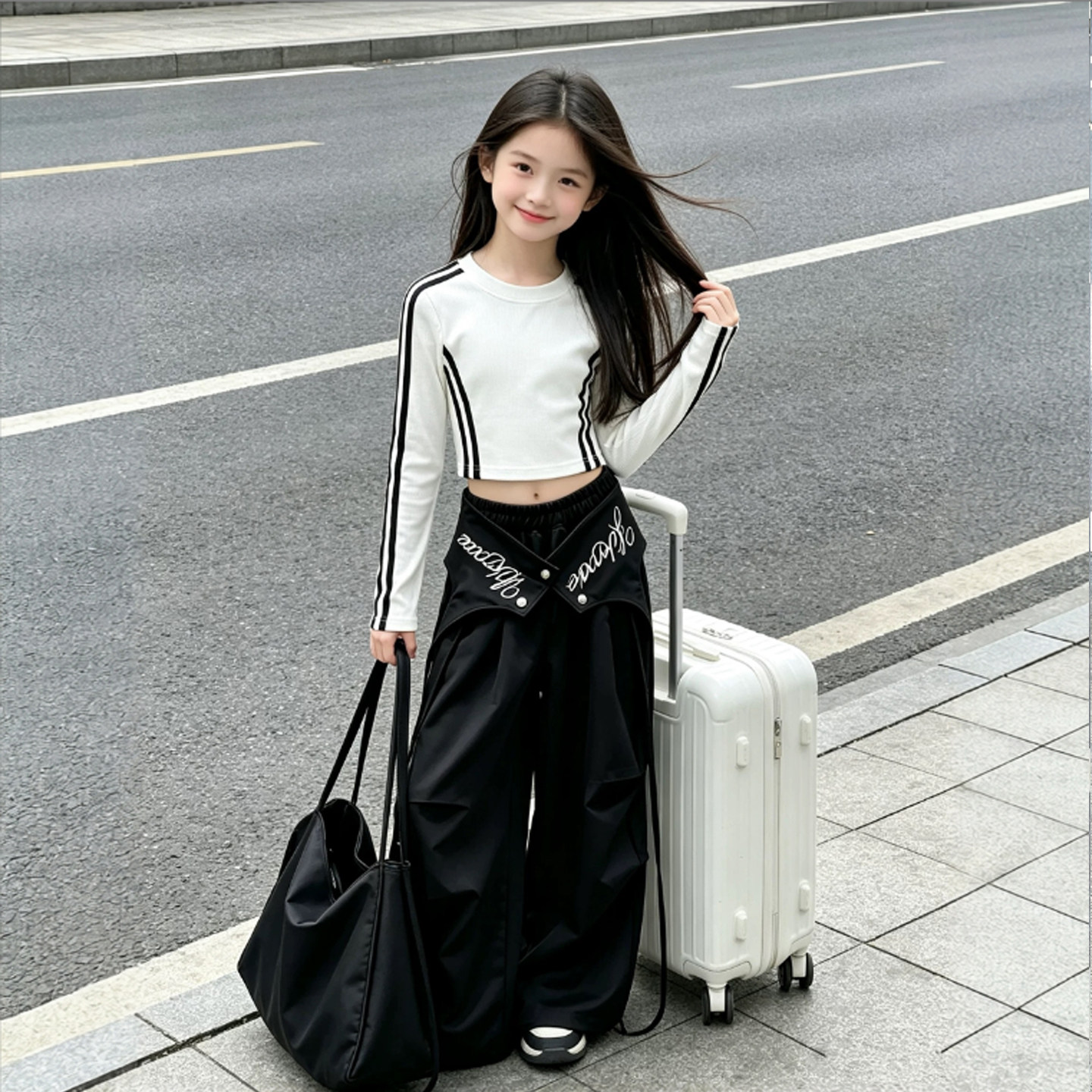 女童嘻哈夏季两件套高腰阔腿裤图片
