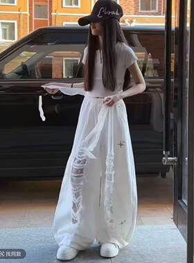 女童破洞蕾丝短袖牛仔裤两件套