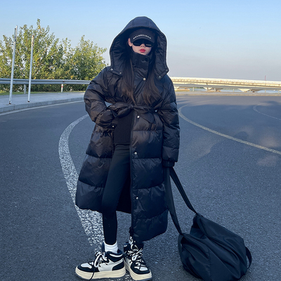 女童羽绒服新款收腰中长款过膝加厚大童冬装黑色厚绒外套儿童冬季