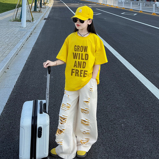 女童韩版夏季套装2026儿童新款洋气宽松T恤破洞牛仔裤薄款两件套