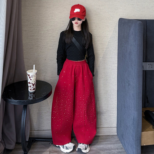 女童满天星烫钻休闲加绒裤2026女孩秋冬装潮酷星河弯刀裤套装洋气
