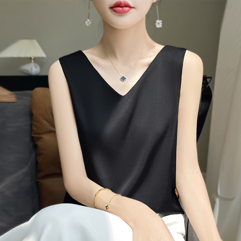 2025夏季新款V领真丝背心女圆领薄款桑蚕丝吊带宽松显瘦内搭上衣