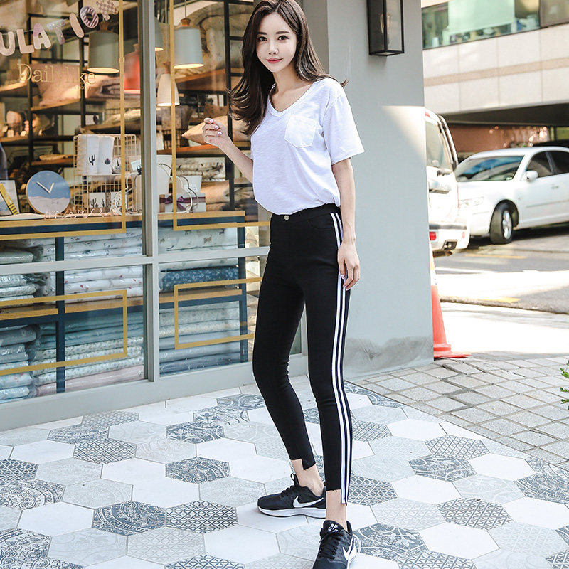 2021新款韩国lets diet校服裤条纹魔术裤女高腰春秋薄款打底裤子