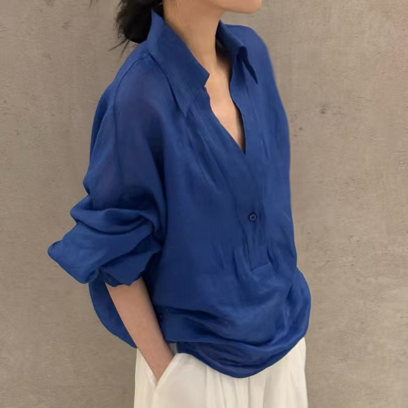 克莱因蓝高端亚麻棉麻衬衫女春季薄款防晒外搭衬衣设计感小众上衣