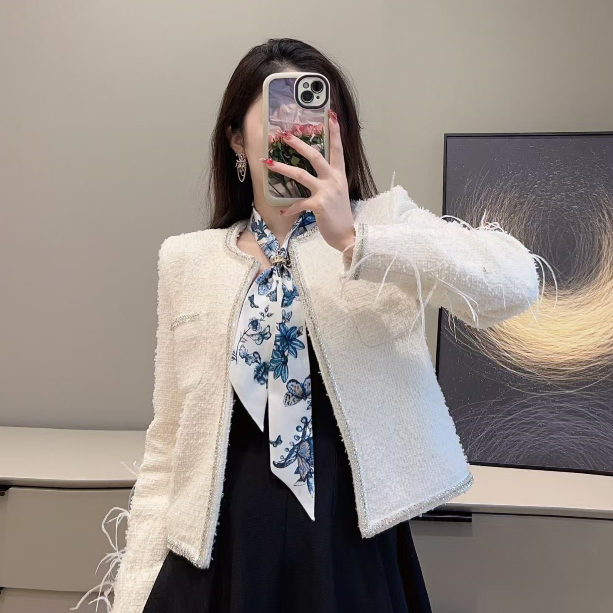 2025年花卉蝴蝶双层束发带缠绑包包手柄丝巾小领巾女式飘带手腕巾