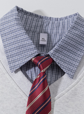 校园风浅灰色红条纹领带假两件衬衫领卫衣男春秋宽松设计感潮上衣