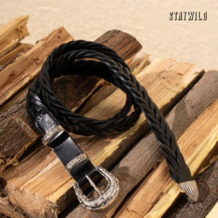 STAYWILD 原創設計頭層牛皮皮帶金屬扣頭高級感編織腰帶 竹簡紀
