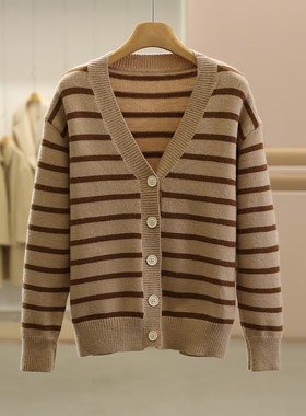 专柜价499【DS】撞色条纹宽松显瘦针织毛衣专柜正品25冬开衫外套