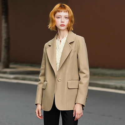 【雯】绵羊毛双面呢大衣干练一粒扣条纹小西装25冬外套D429D08