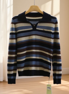 专柜价659【琳】100绵羊毛文艺风撞色条纹针织毛衣25冬打底羊毛衫