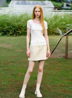 专柜价539【TH】韩版气质方领修身显瘦短袖针织衫25夏新款上衣女