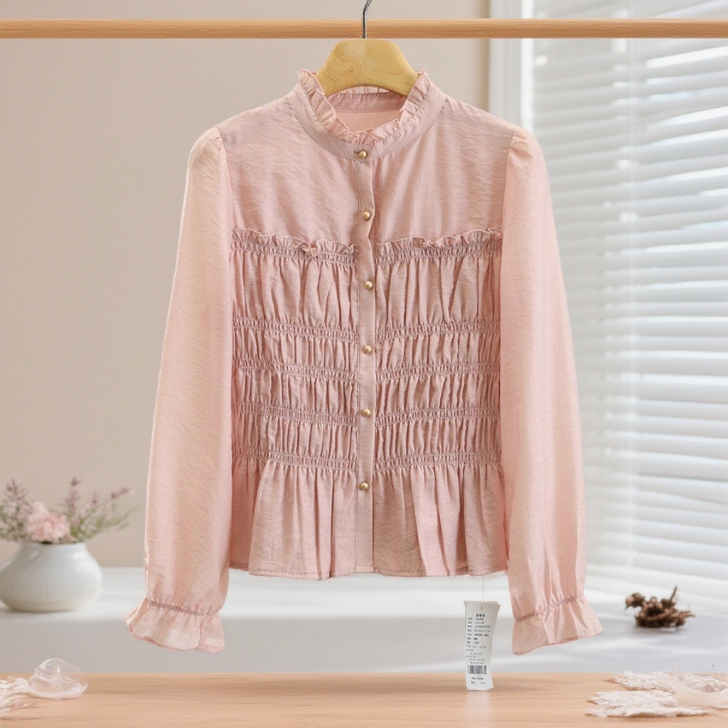 专柜价599【翰】天丝淑女风气质木耳边修身喇叭袖衬衫25夏新款女,女装/女士精品,衬衫,淘宝优惠券,粉丝福利购,淘宝优惠卷