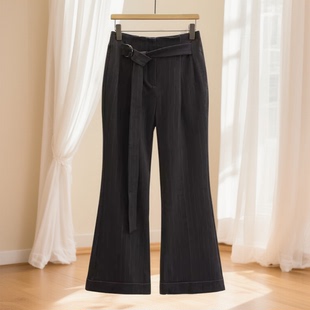 专柜正品 专柜价886 休闲裤 织带高腰条纹卷边微喇西装 25秋女 唯