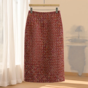 粗花呢A字半身裙007品牌折扣店25冬 小香风高腰包臀修身 贝X妮