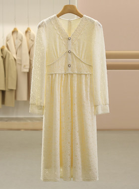 专柜价499【DS】淑女风花边V领钉珠！珍珠扣连衣裙专柜正品25冬女