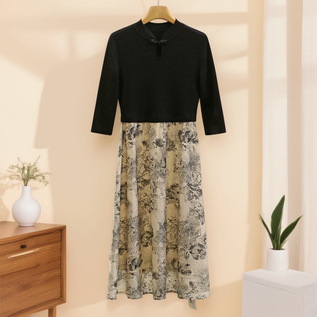 专柜价899【妍】天丝水墨花纹拼接设计感针织短袖连衣裙25秋新款,女装/女士精品,连衣裙,淘宝优惠券,粉丝福利购,淘宝优惠卷