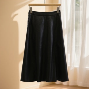 冬装首波【影】高腰垂感过膝显瘦皮裙半身裙品牌撤柜25冬A字裙子