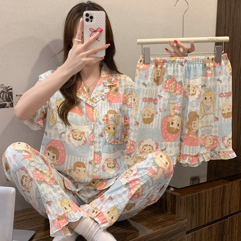 云朵棉自带胸垫三件套睡衣女夏季短袖可爱不二家卡通牛奶妹家居服