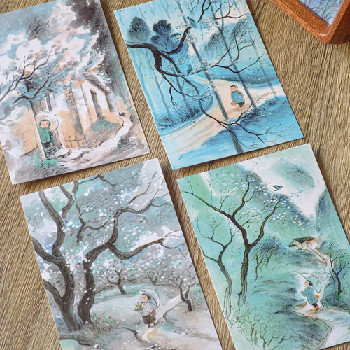 肚子杜杜原创插画杏花春雨明信片