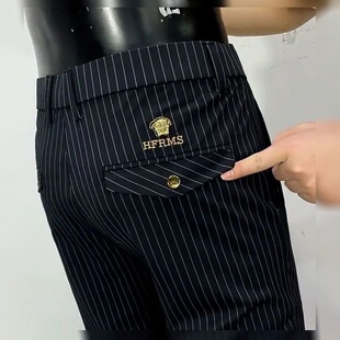 修身 男士 抗皱锥形裤 夏季 百搭长裤 薄款 商务休闲条纹直筒裤 爆款 西裤