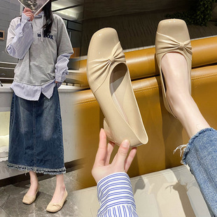 休闲懒人鞋 春季 女纯色甜美法式 时尚 套脚外穿浅口平底方头 单鞋
