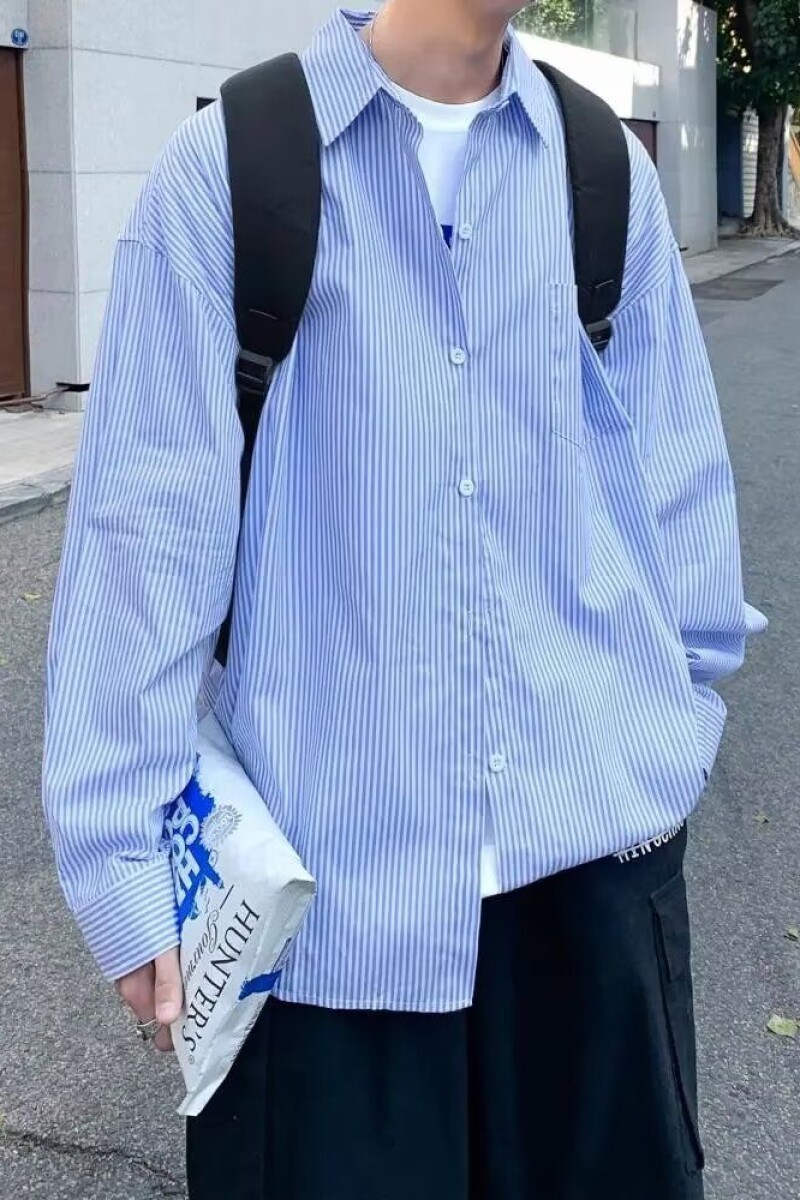 1506-1/CC1121/P34蓝色条纹衬衫男日系潮牌街头宽松情侣衬,男装衬衫,星座1506-1