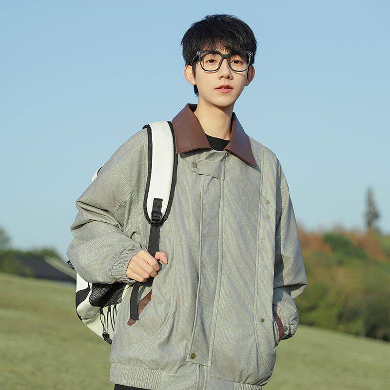 1506-1/J6861/P71灯芯绒复古潮牌pu皮翻领夹克男女图片