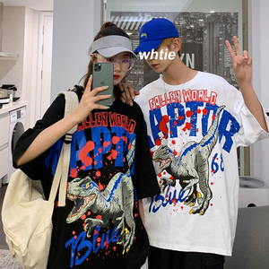 夏季港风五分袖男装日系半袖网红短袖男潮牌韩版宽松t恤D078/图片