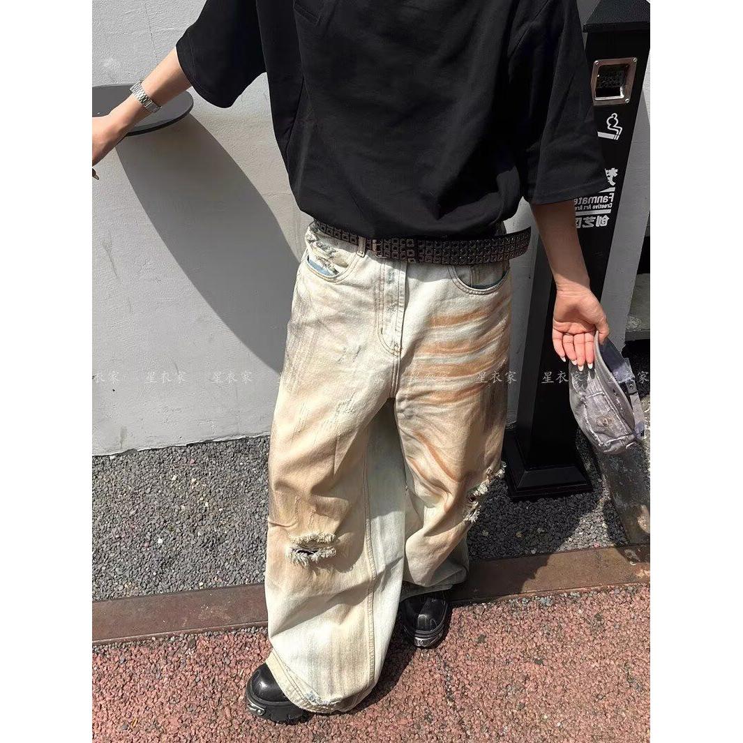 1506-1/KB2161/P53黄泥染水洗做旧破洞宽松牛仔裤男,男装牛仔裤,星座1506-1