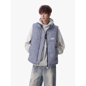 1506/QA030/P52美式格子风立领马甲男加厚棉服背心格纹背心棉衣图片