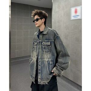 1506-1/JB231/P75牛仔长袖外套男女复古BF翻领夹克百搭外搭上衣潮图片