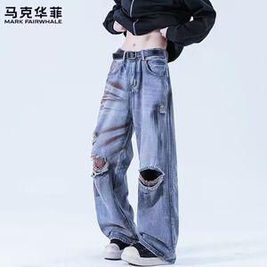 1506-1/KB1101/P46水洗做旧破洞美式潮牌休闲直筒宽松牛仔裤图片