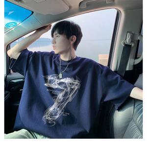 重磅纯棉短袖T恤男夏季潮流烟雾7印花宽松圆领小领口白色半袖体恤图片