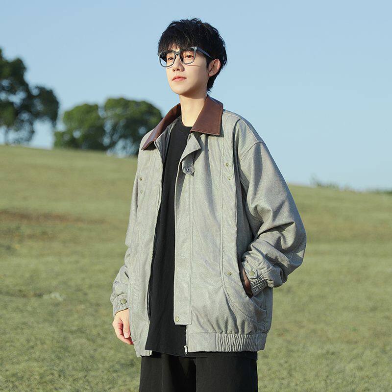 1506-1/J6861/P71灯芯绒复古潮牌pu皮翻领夹克男女图片