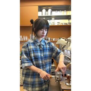 1506-1/CHJ851/P36撞色日系格子衬衫男复古潮牌宽松bf休闲外套图片
