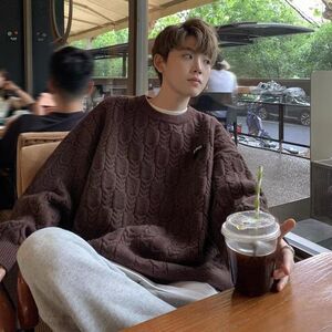 1506/MX0151/P47毛衣男秋冬季加厚慵懒风贴标圆领针织衫1图片