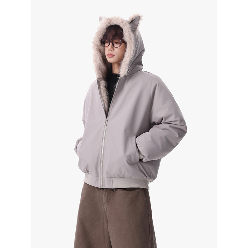 1506/Q86210/P90猫耳朵毛领棉衣男冬季加厚连帽情侣外套黑色1，男装棉衣，星座1506-1