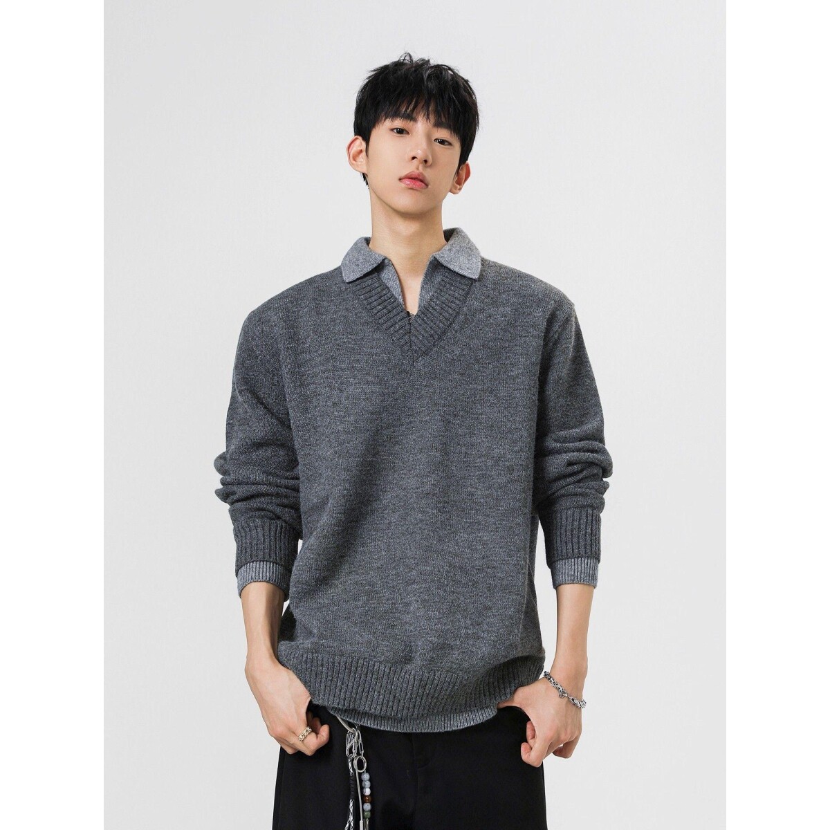 1506/MM051/P69冬季韩系复古假两件polo领针织衫宽松男女毛衣1图片