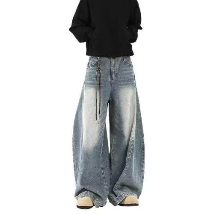 水洗弯刀牛仔裤男生春秋季美式嘻哈潮牌拼接宽松直筒阔腿拖地长裤，男装牛仔裤，星座1506-1