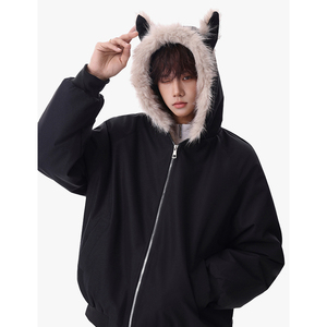 1506/Q86210/P90猫耳朵毛领棉衣男冬季加厚连帽情侣外套黑色1