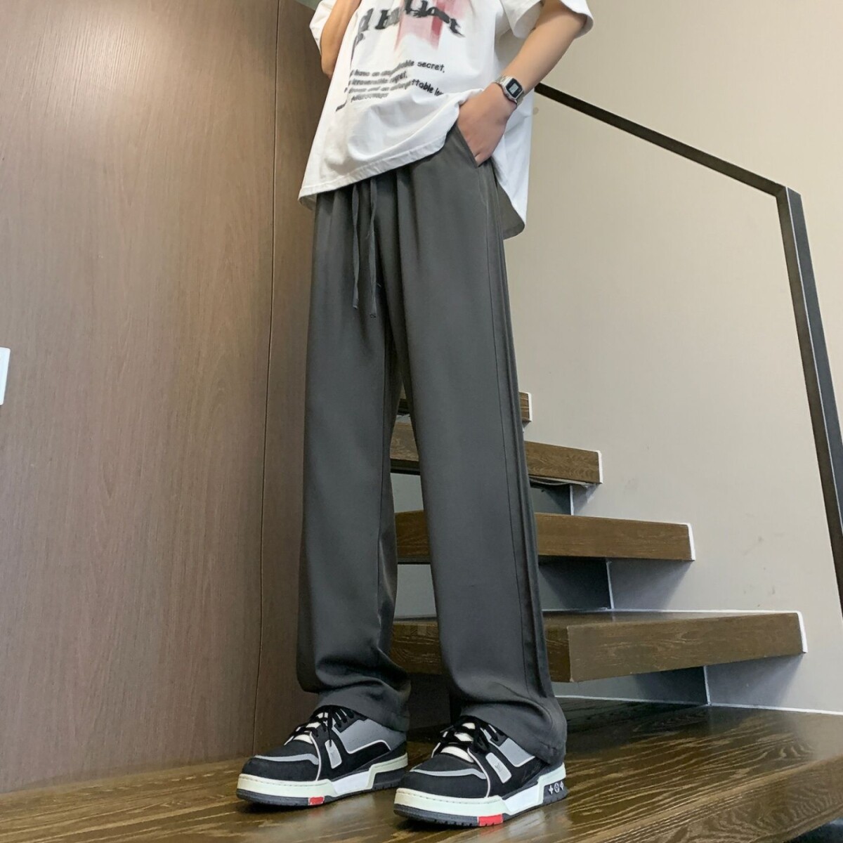 1506-1/KK100411/P49条纹冰丝休闲裤男垂感拖地裤宽松运动长裤子图片