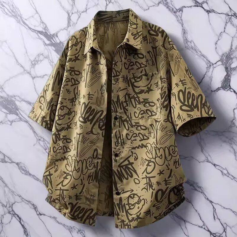 GENIOLAMODE复古翻领冰丝短袖衬衫男士夏季潮牌涂鸦宽松衬衣外套，男装衬衫，星座1506-1