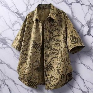 GENIOLAMODE复古翻领冰丝短袖衬衫男士夏季潮牌涂鸦宽松衬衣外套,男装衬衫,星座1506-1