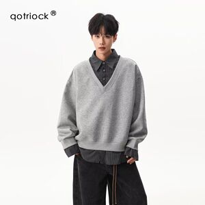 1506-1/WE031/P56春秋美式潮牌假两件衬衫领卫衣男图片