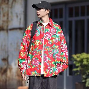 1506-1/C20571/P35长袖牡丹花衬衣男潮流风复古薄外套图片
