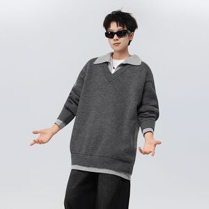 1506/M150121/P71美式复古假两件v领毛衣男款冬季翻领针织衫2图片