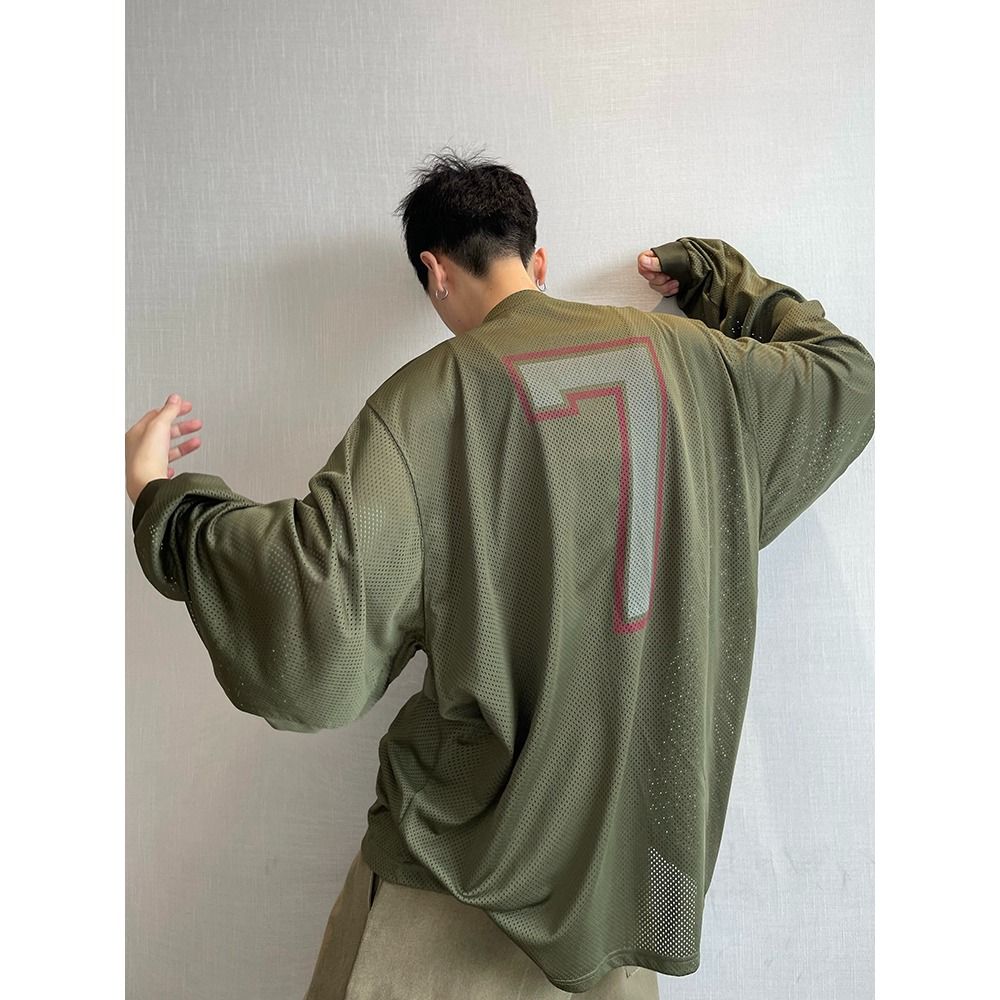 1506-1/CQYRJTK481/P46秋季复古宽松军绿色网眼数字印花V领长袖T,男装衬衫,星座1506-1